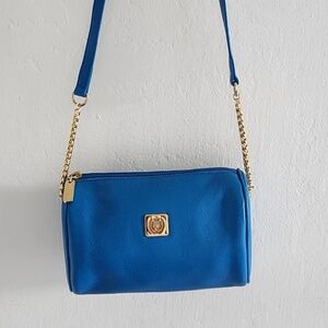 Vintage Liz Claiborne 90's barrel/messenger/cross body genuine leather blue bag
